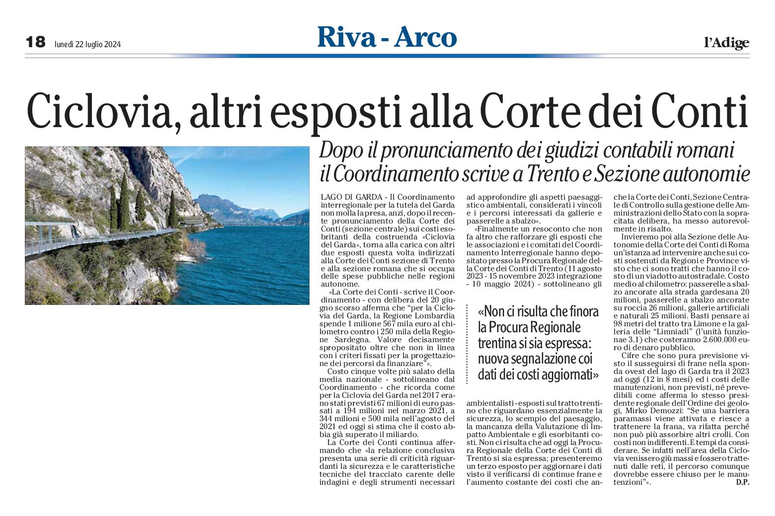 Ciclovia del Garda: altri esposti alla Corte dei Conti