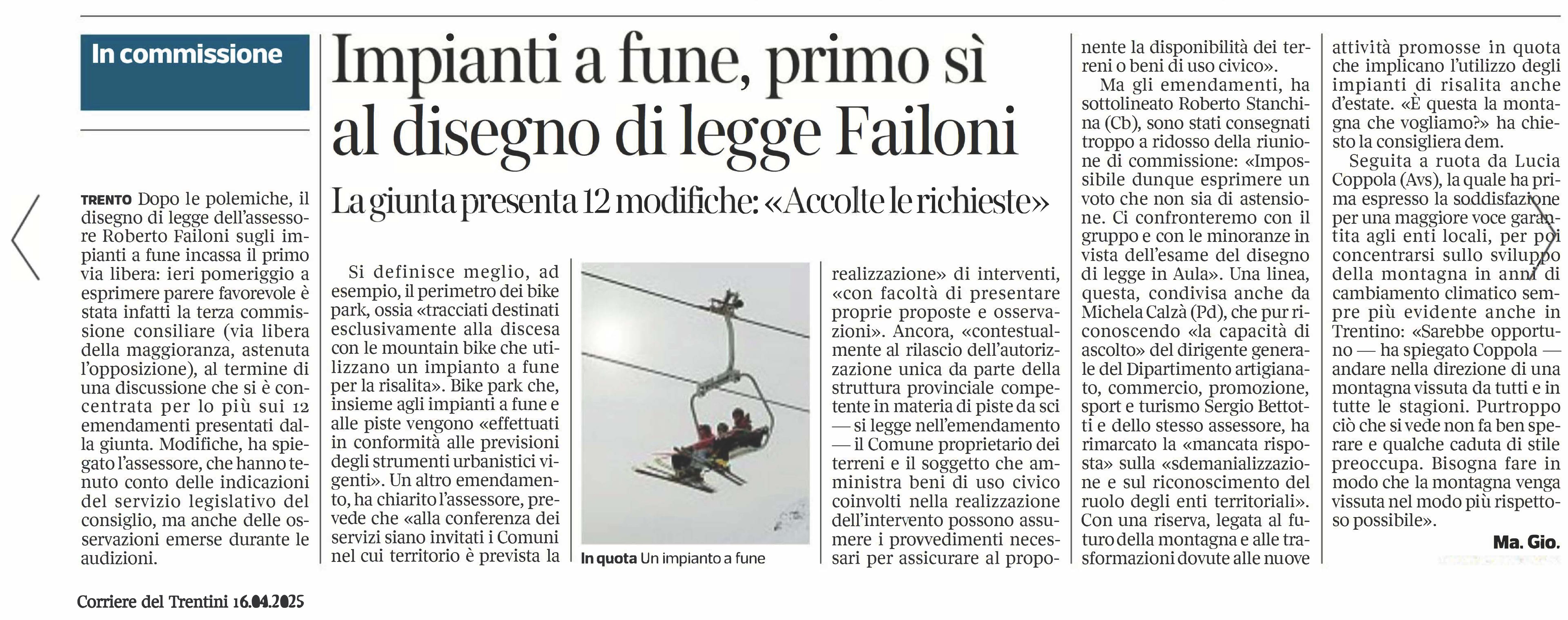 Impianti a fune, primo sì al designo di Legge