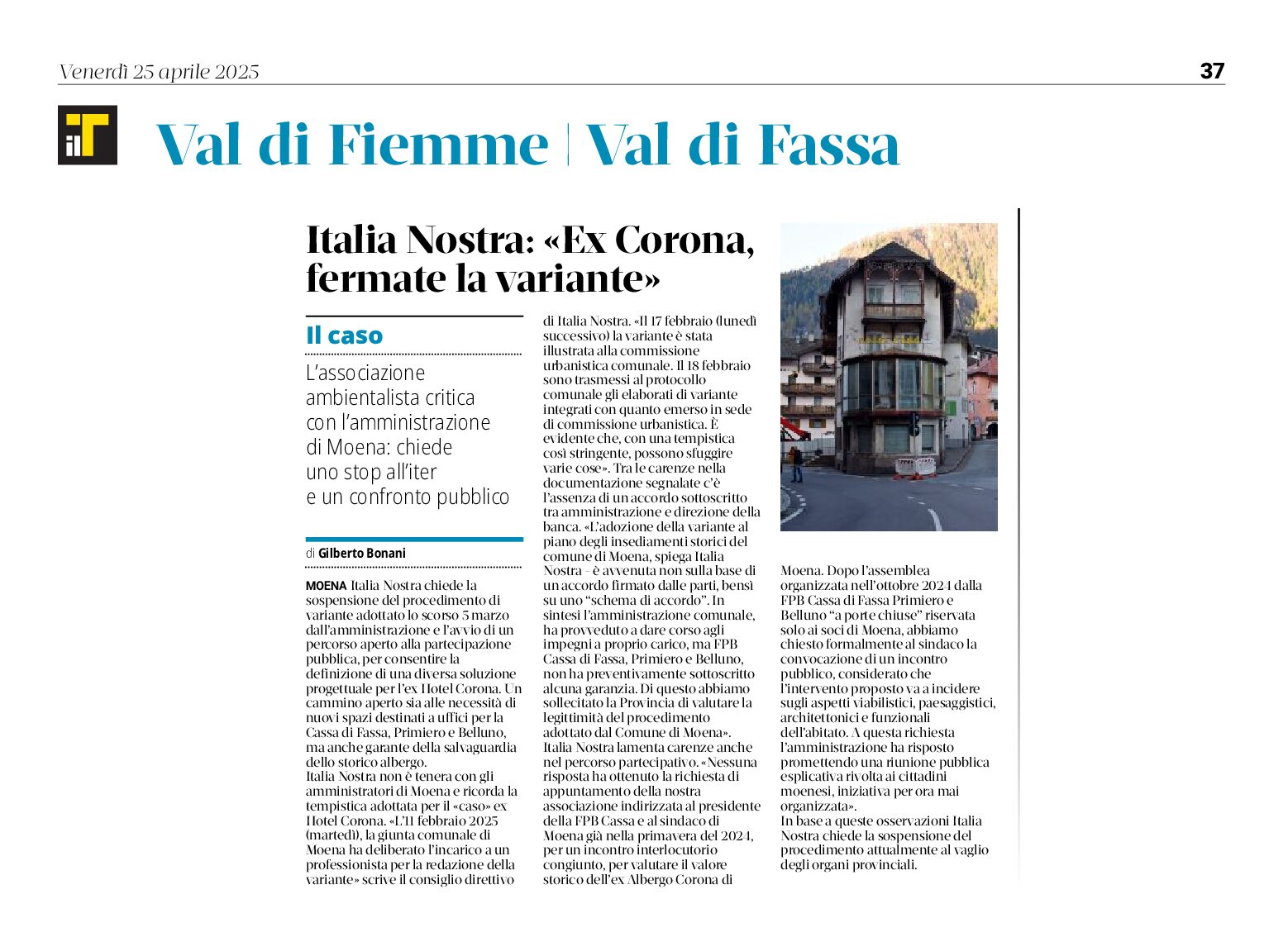 Moena – Ex Hotel Corona. Italia Nostra: fermate la variante