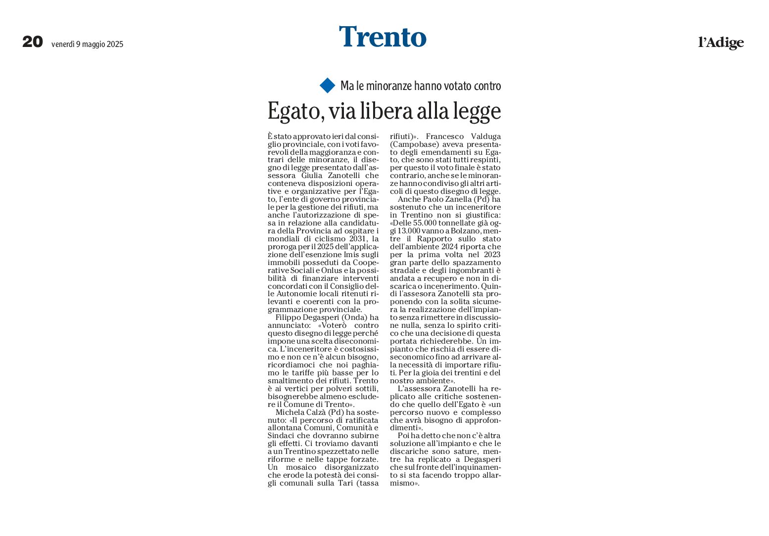 Egato, via libera alla legge
