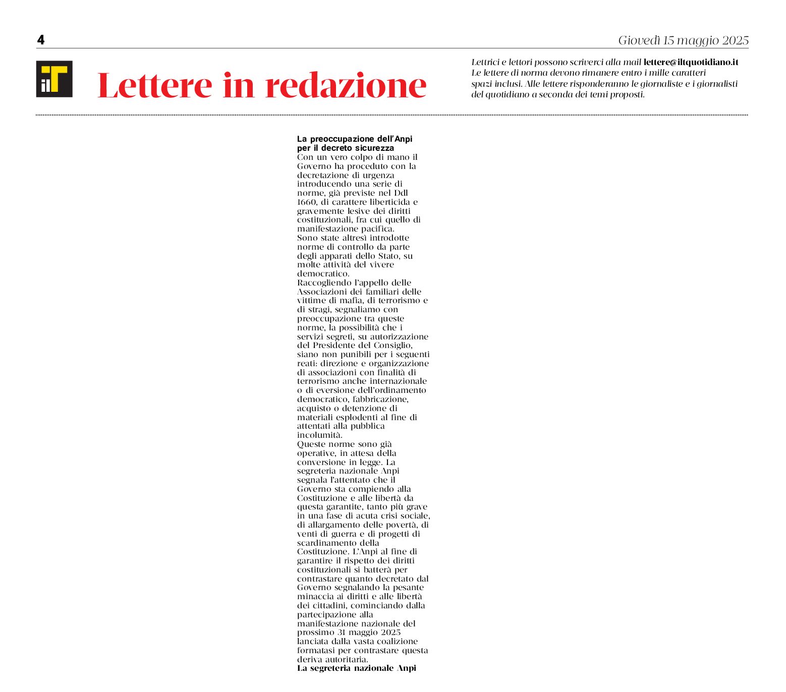 La preoccupazione dell’Anpi per il Decreto Sicurezza