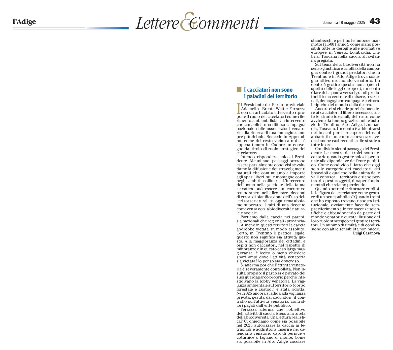 Luigi Casanova: i cacciatori non sono i paladini del territorio