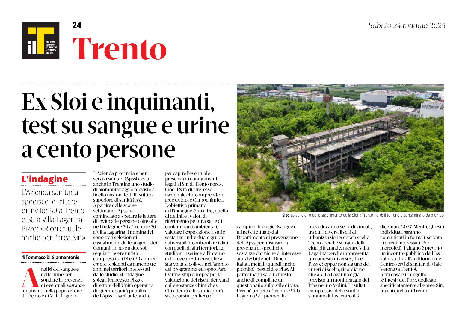 Ex Sloi e inquinanti: test medici su cento persone