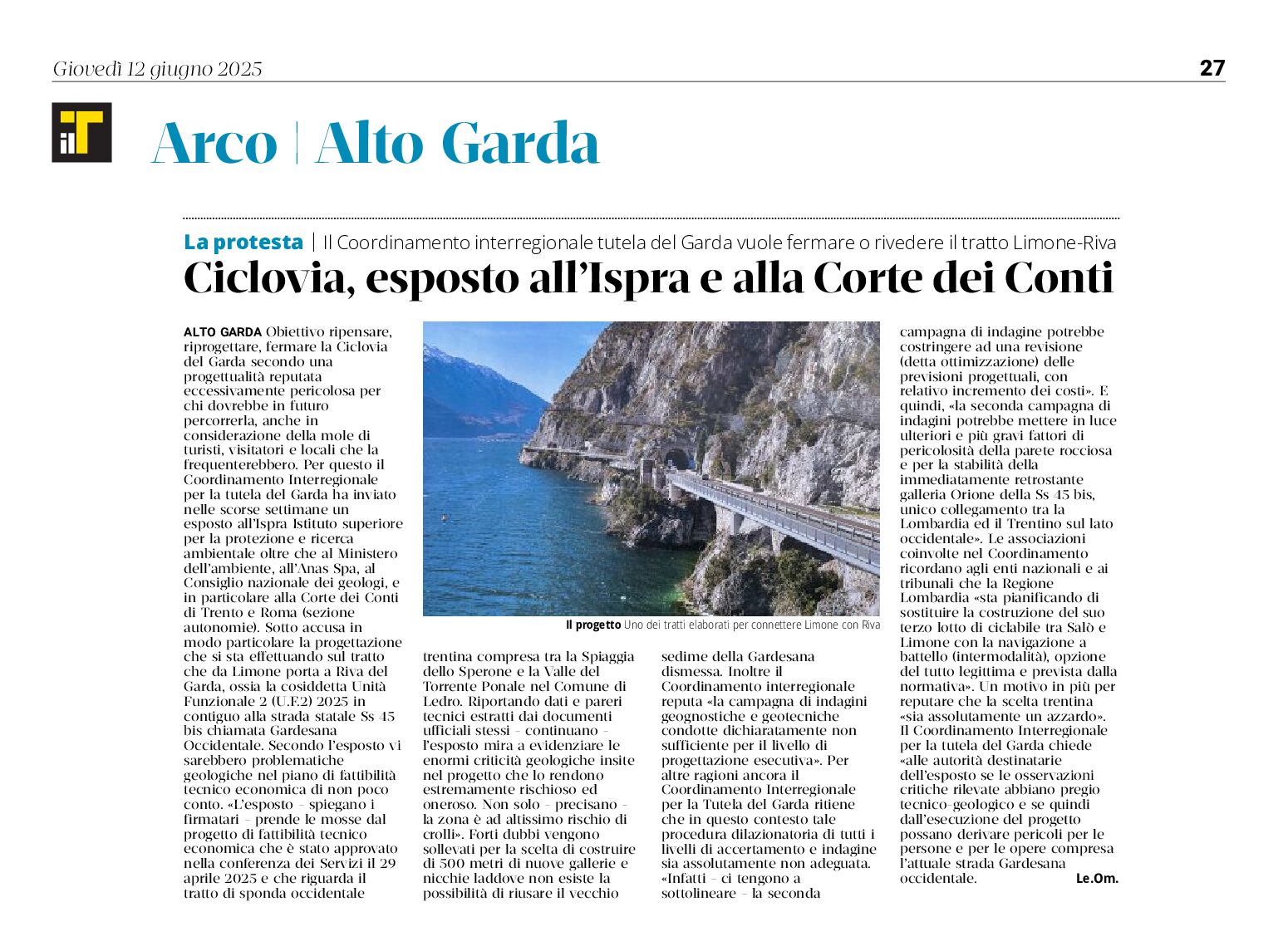 Ciclovia del Garda, esposto all’Ispra e alla Corte dei Conti