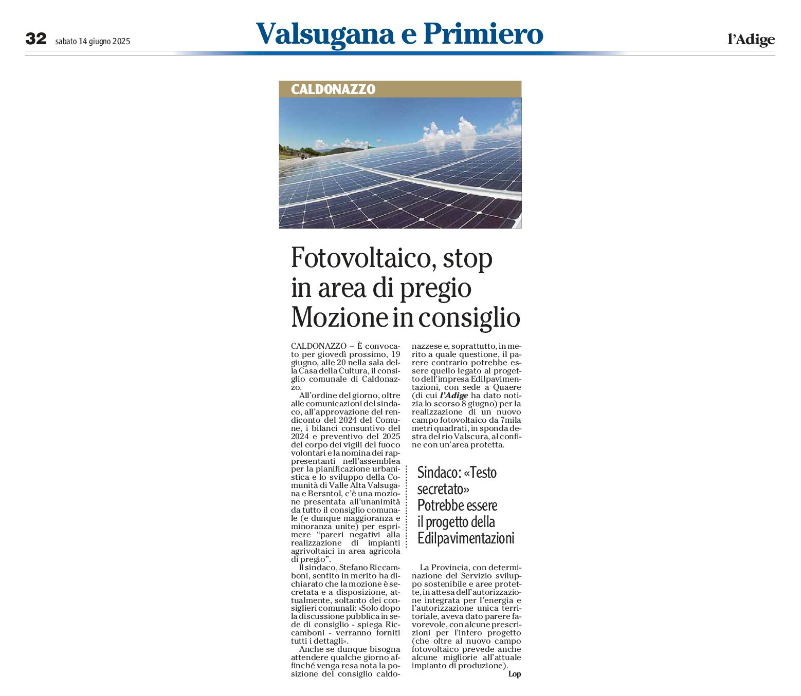 Caldonazzo: stop al fotovoltaico in aree pregiate
