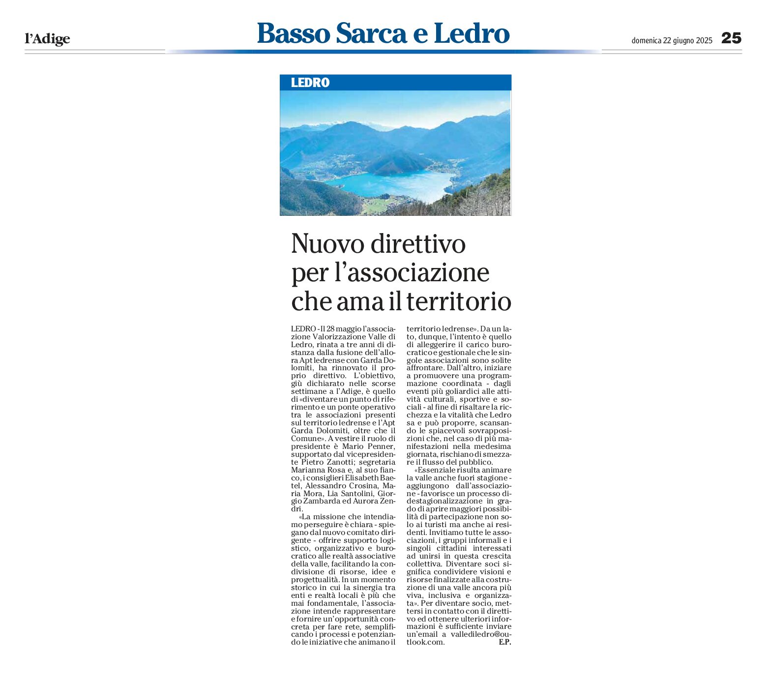 Associazione Valorizzazione Lago di Ledro: nuovo direttivo