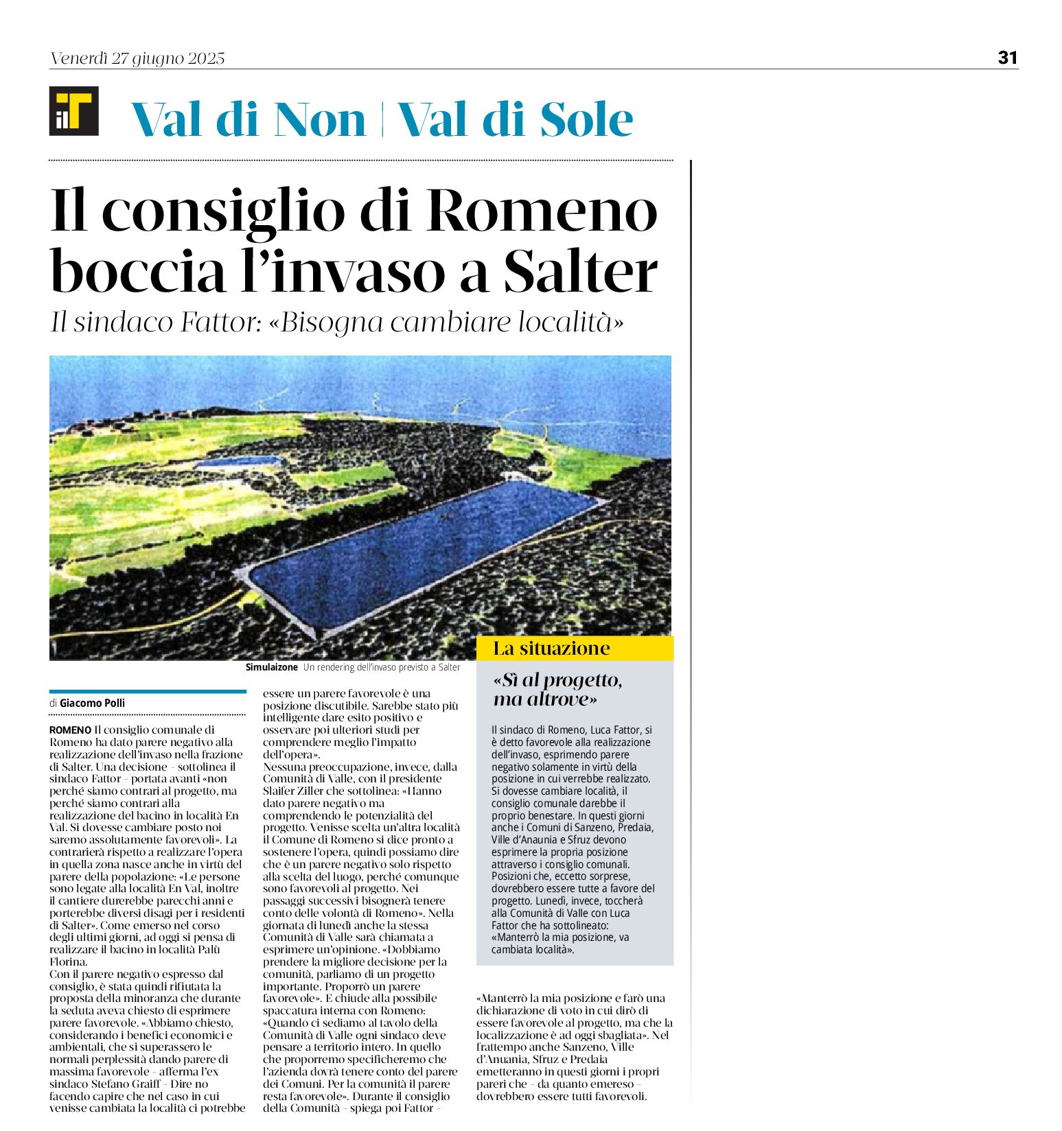 Il consiglio di Romeno boccia l’invaso di Salter