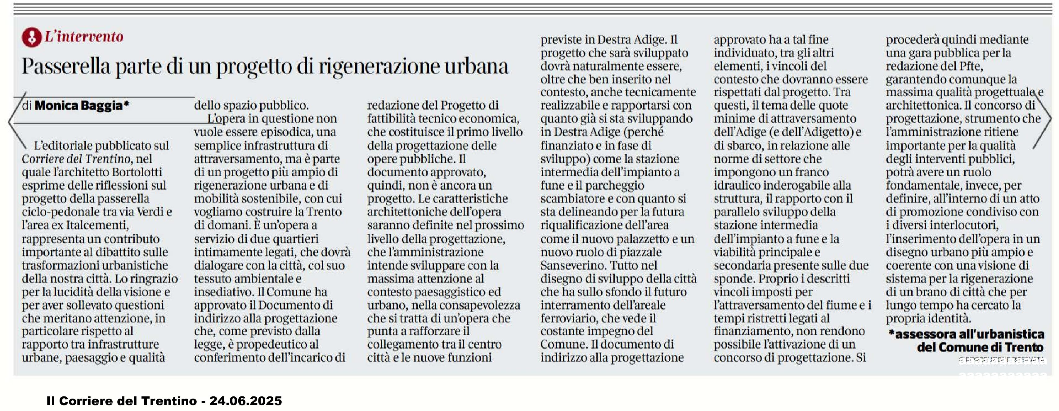 Trento: Nuova passerella sull’Adige, Monica Baggia