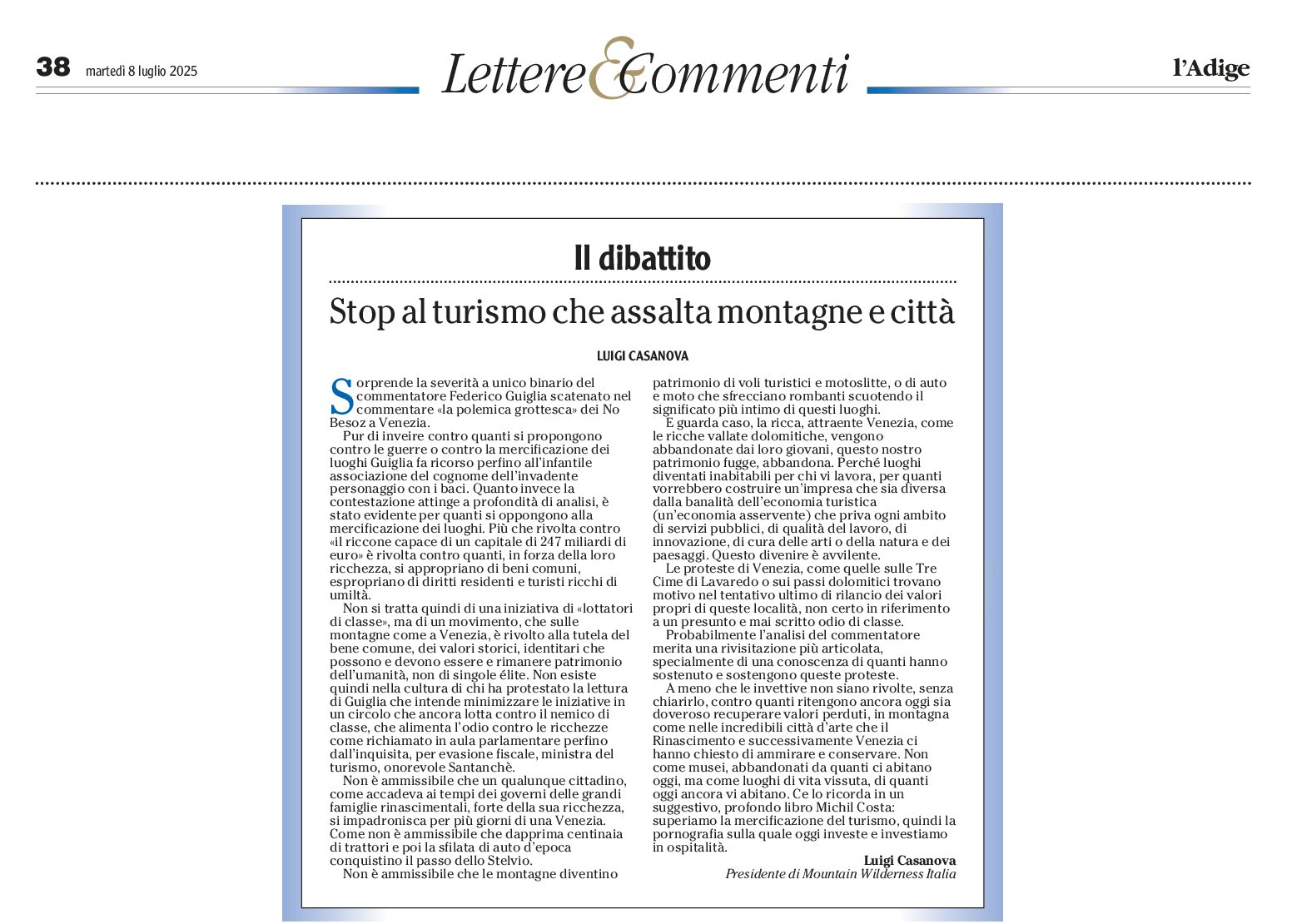 Luigi Casanova: stop al turismo che assalta montagne e città