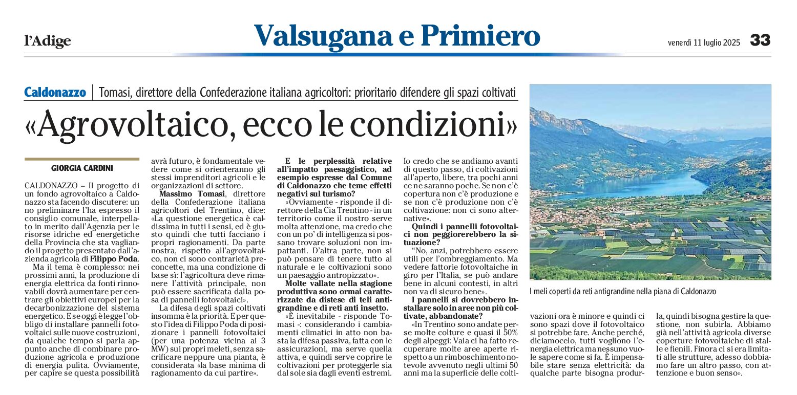 Caldonazzo: agrivoltaico, ecco le condizioni