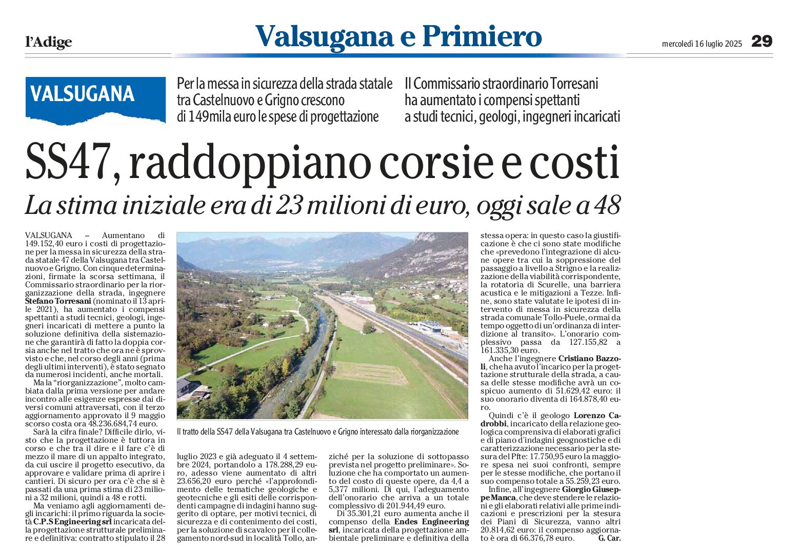 Valsugana: SS47, raddoppio corsie e costi