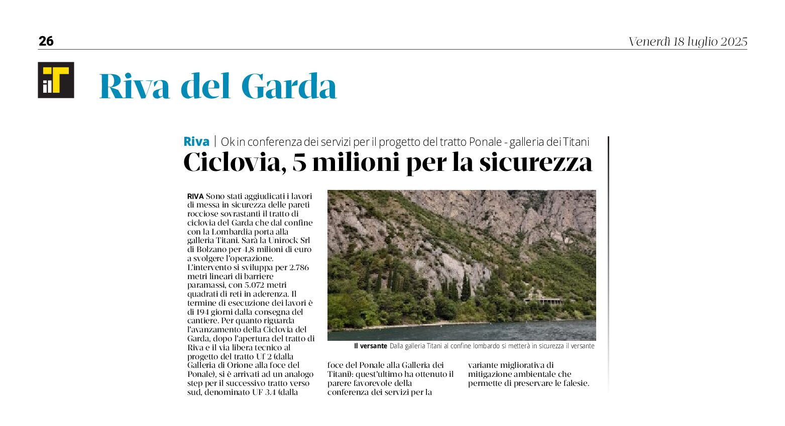 Ciclovia: 3 km di paramassi, 5 milioni di euro