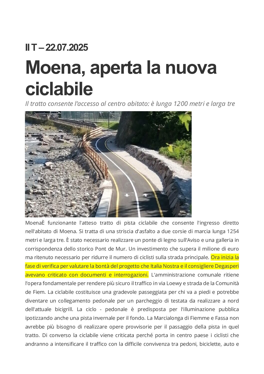 Moena: aperta la nuova ciclabile