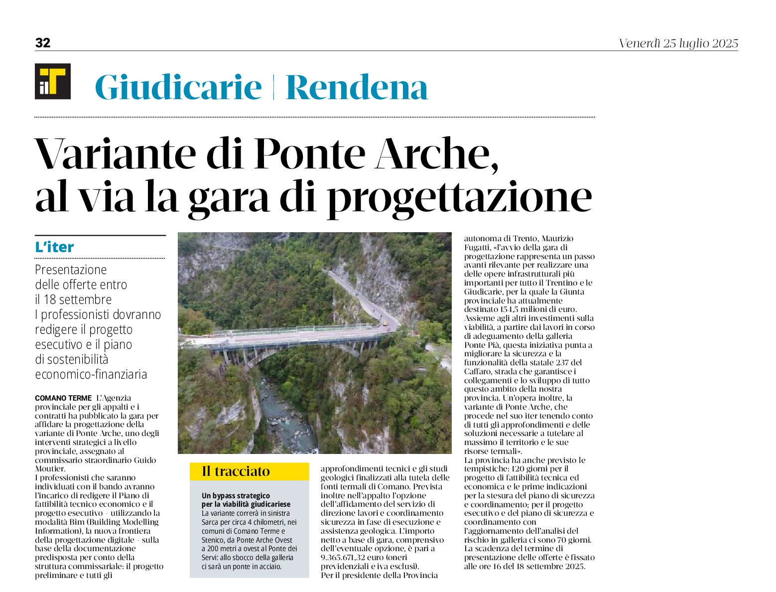 Variante di Ponte Arche: al via la gara di progettazione