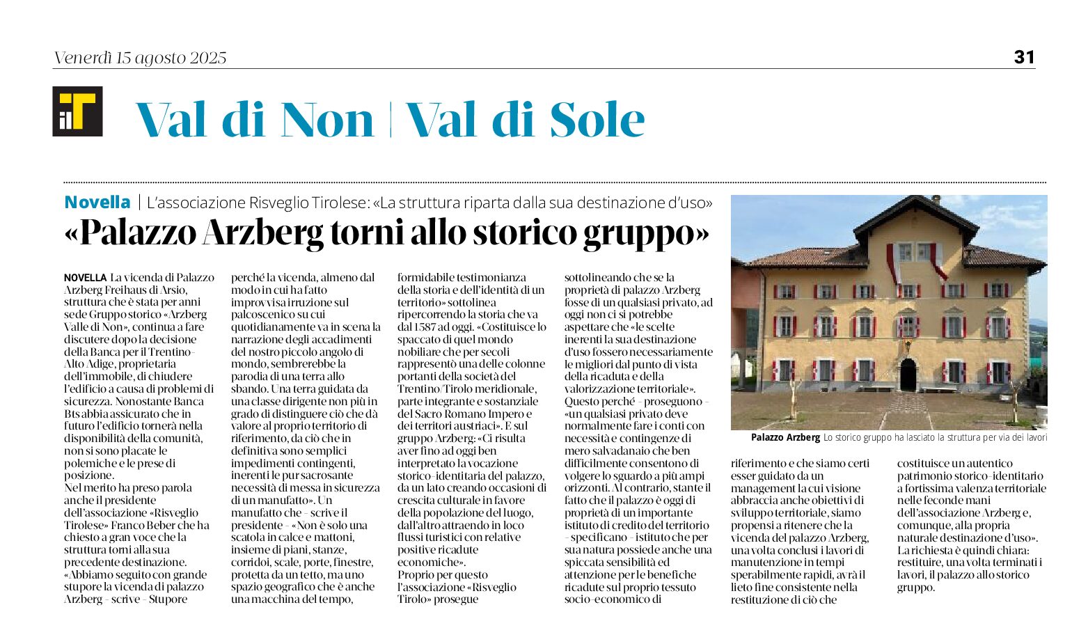 Palazzo Arzberg torni allo storico gruppo