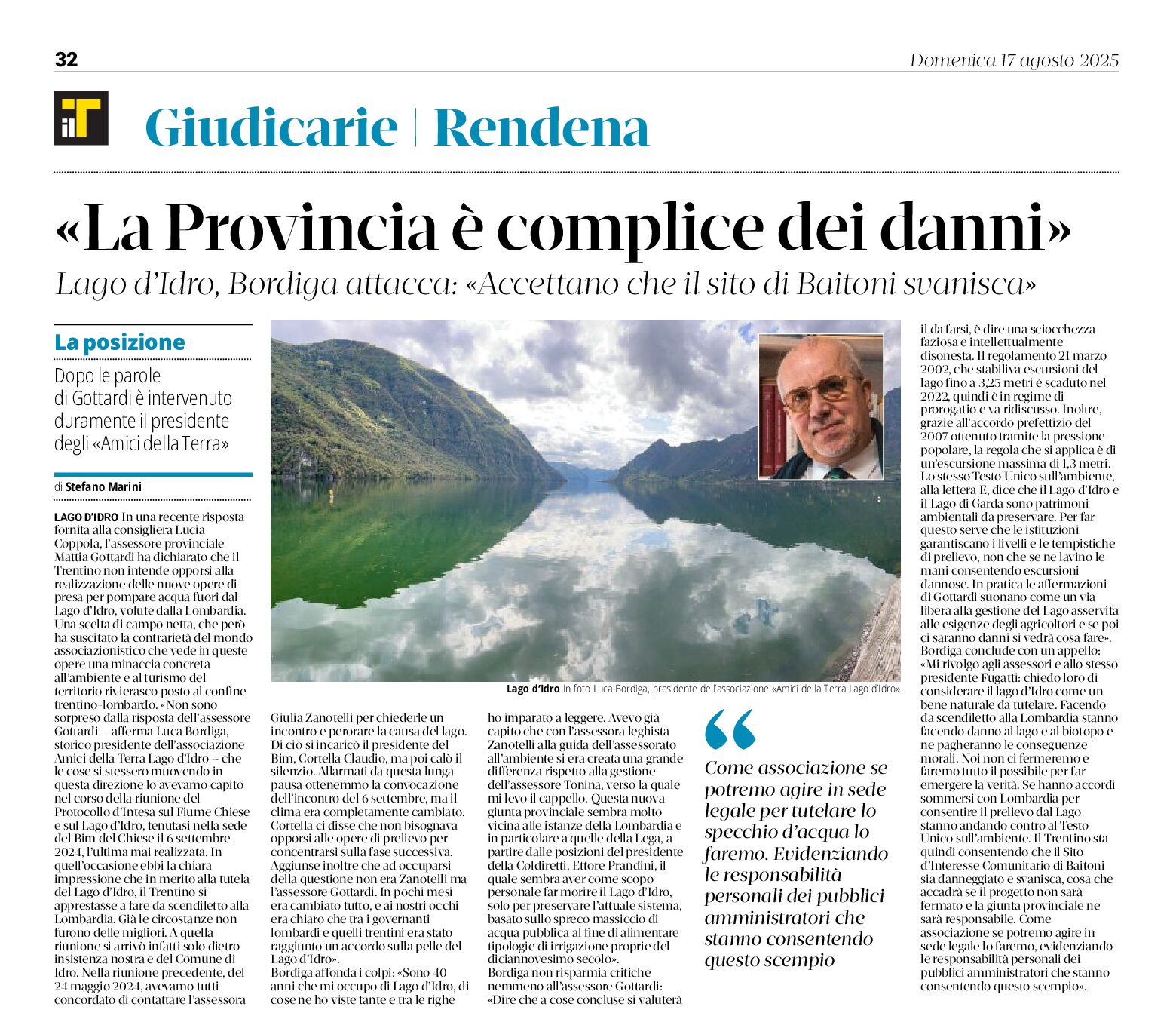 Lago d’Idro. Bordiga: la Provincia è complice