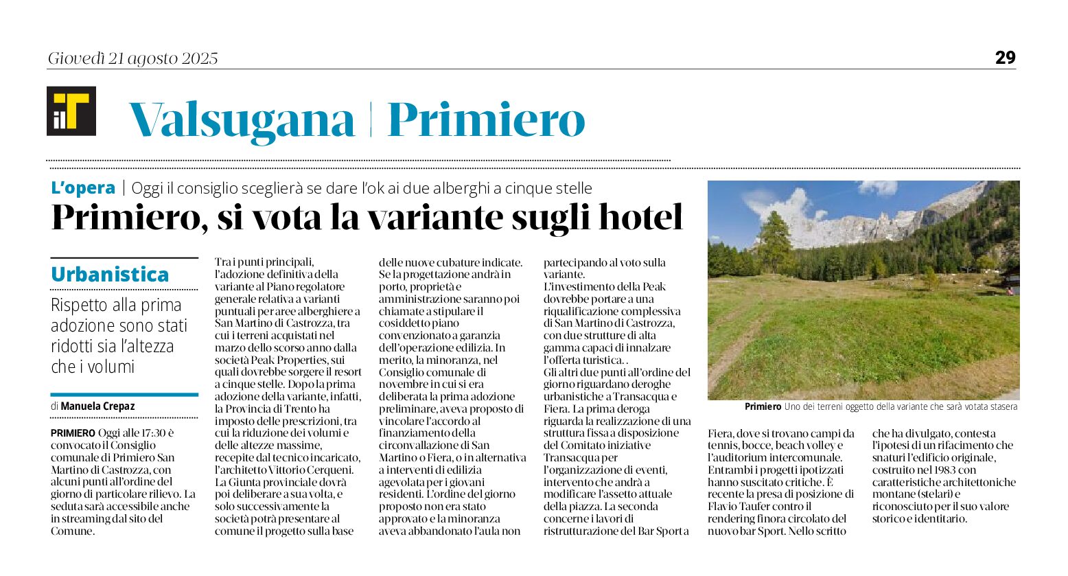Primiero: si vota la variante sugli hotel