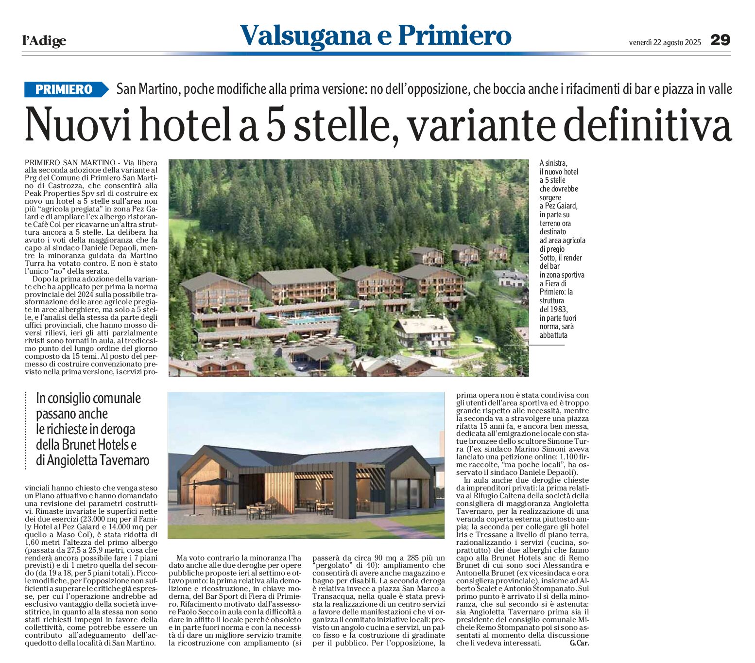 Primiero: ok alla variante Hotel 5 stelle in area agricola