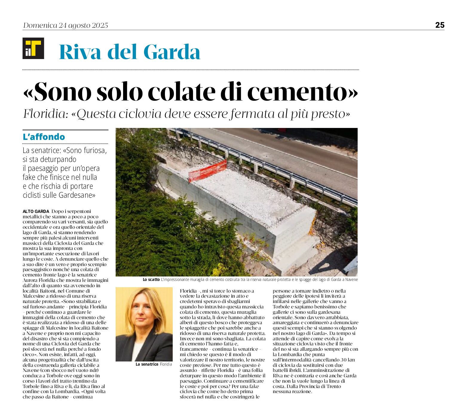 Floridia: ciclovia del Garda, solo colate di cemento