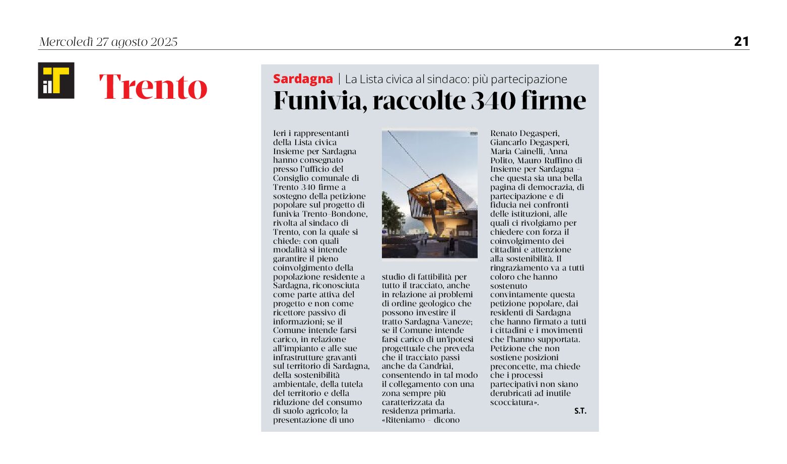 Funivia del Bondone: lista civica raccoglie 340 firme