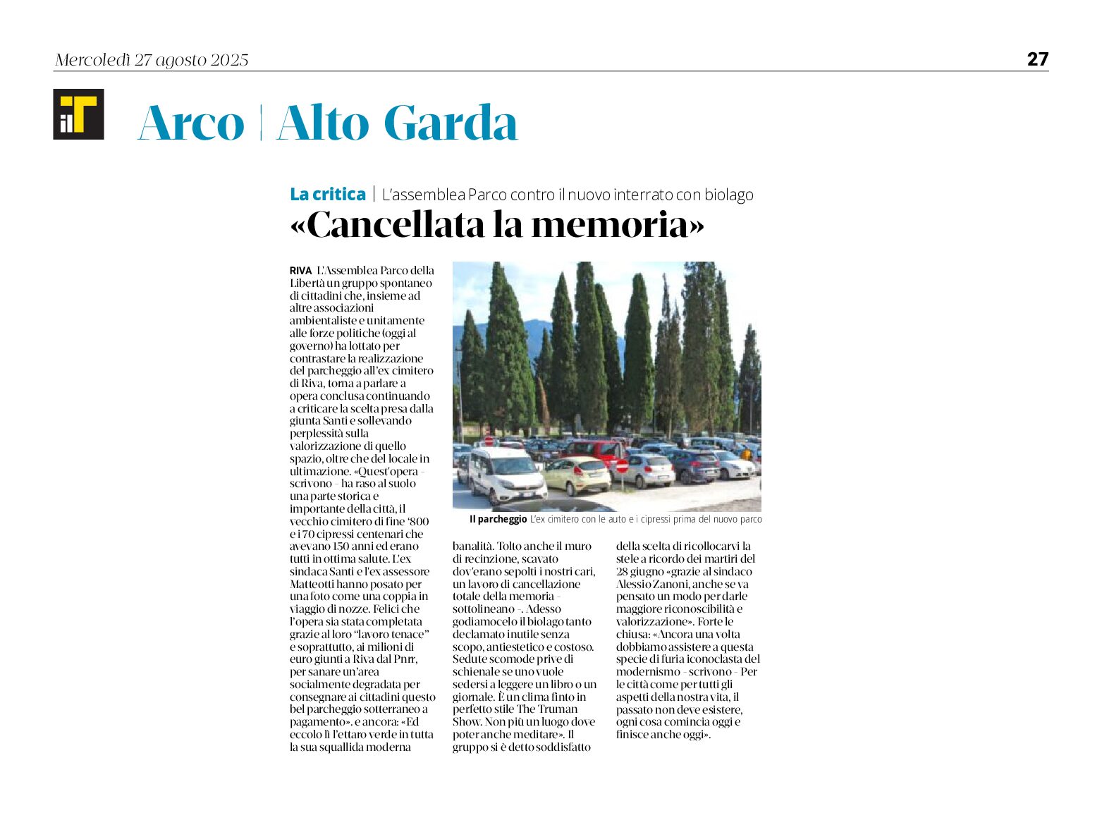 Riva del Garda: ex cimitero, cancellata la memoria