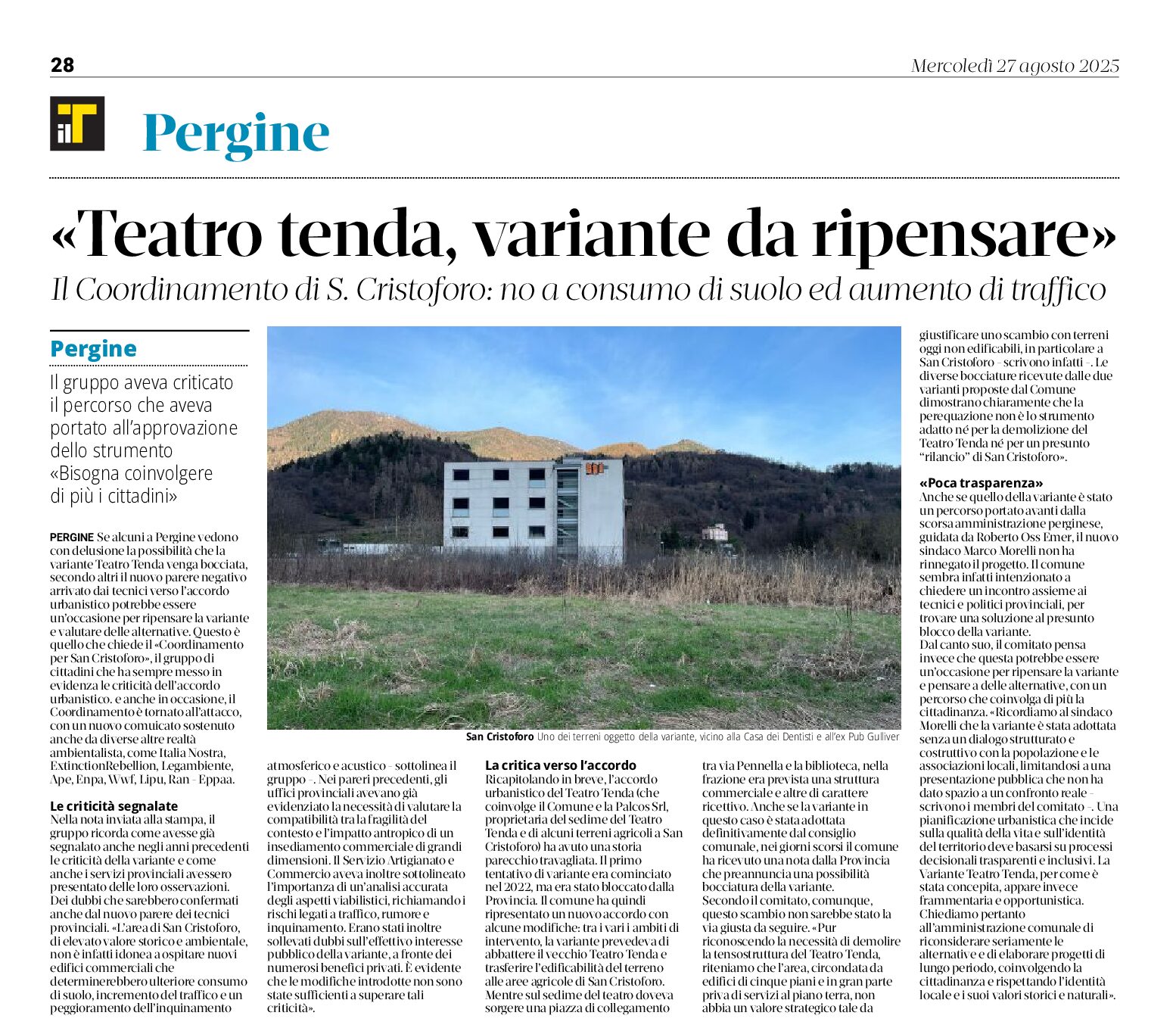 Pergine: Teatro tenda, variante da ripensare