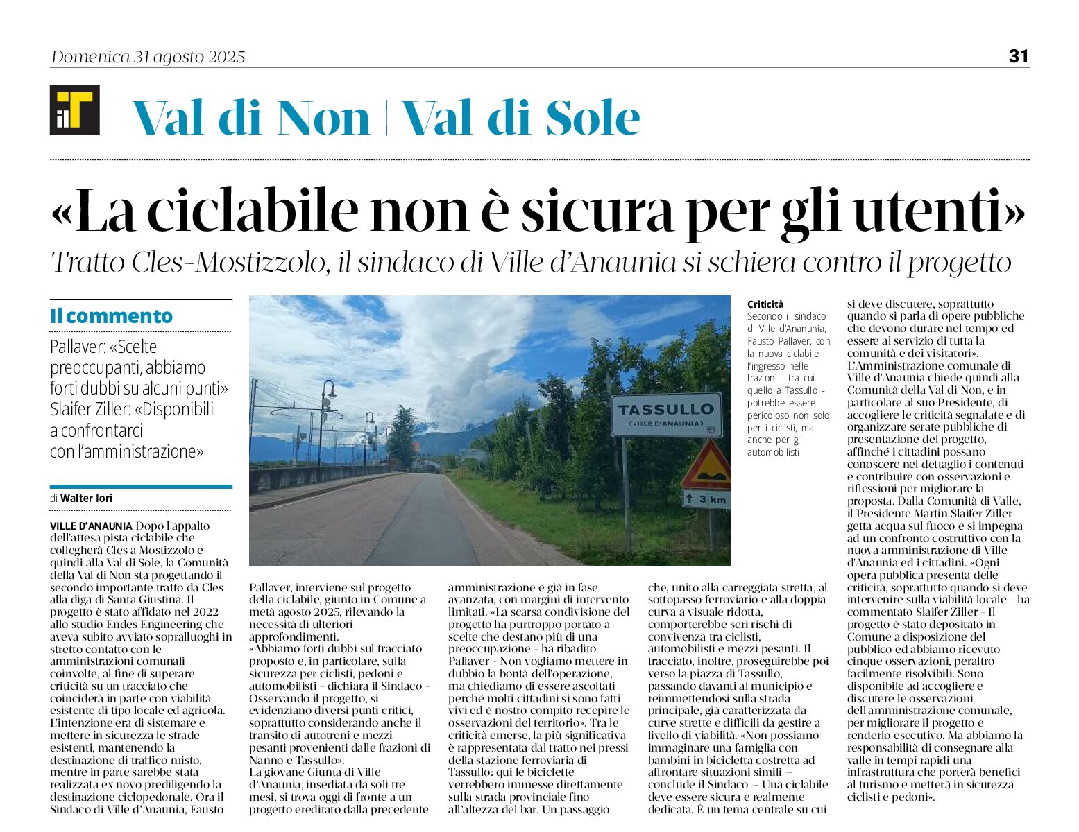 Ciclabile Cles-Mostizzolo, non è sicura per gli utenti