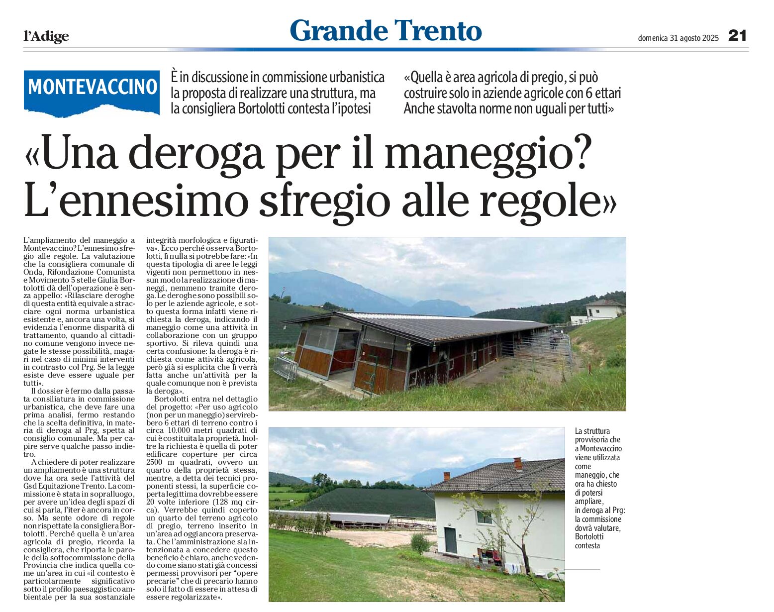 Montevaccino, deroga per il maneggio