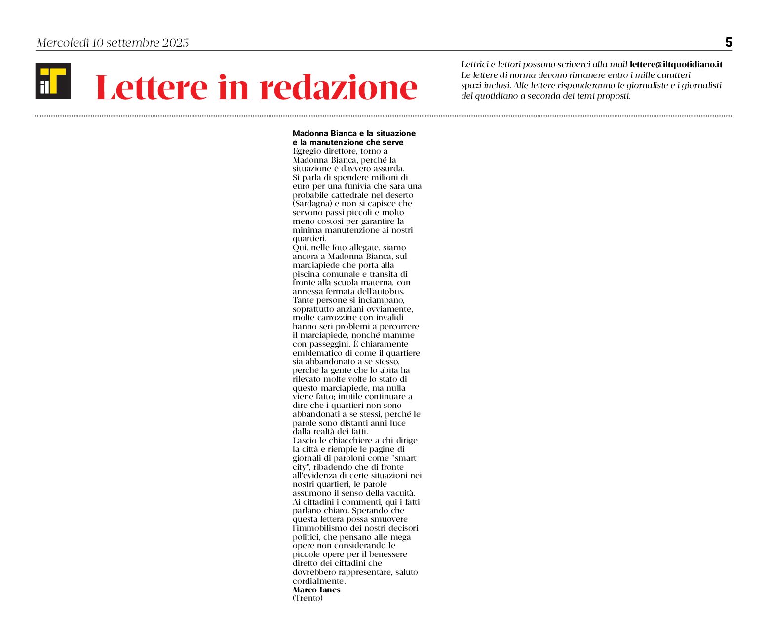 Madonna Bianca: la siruazione e la manutenzione – lettera