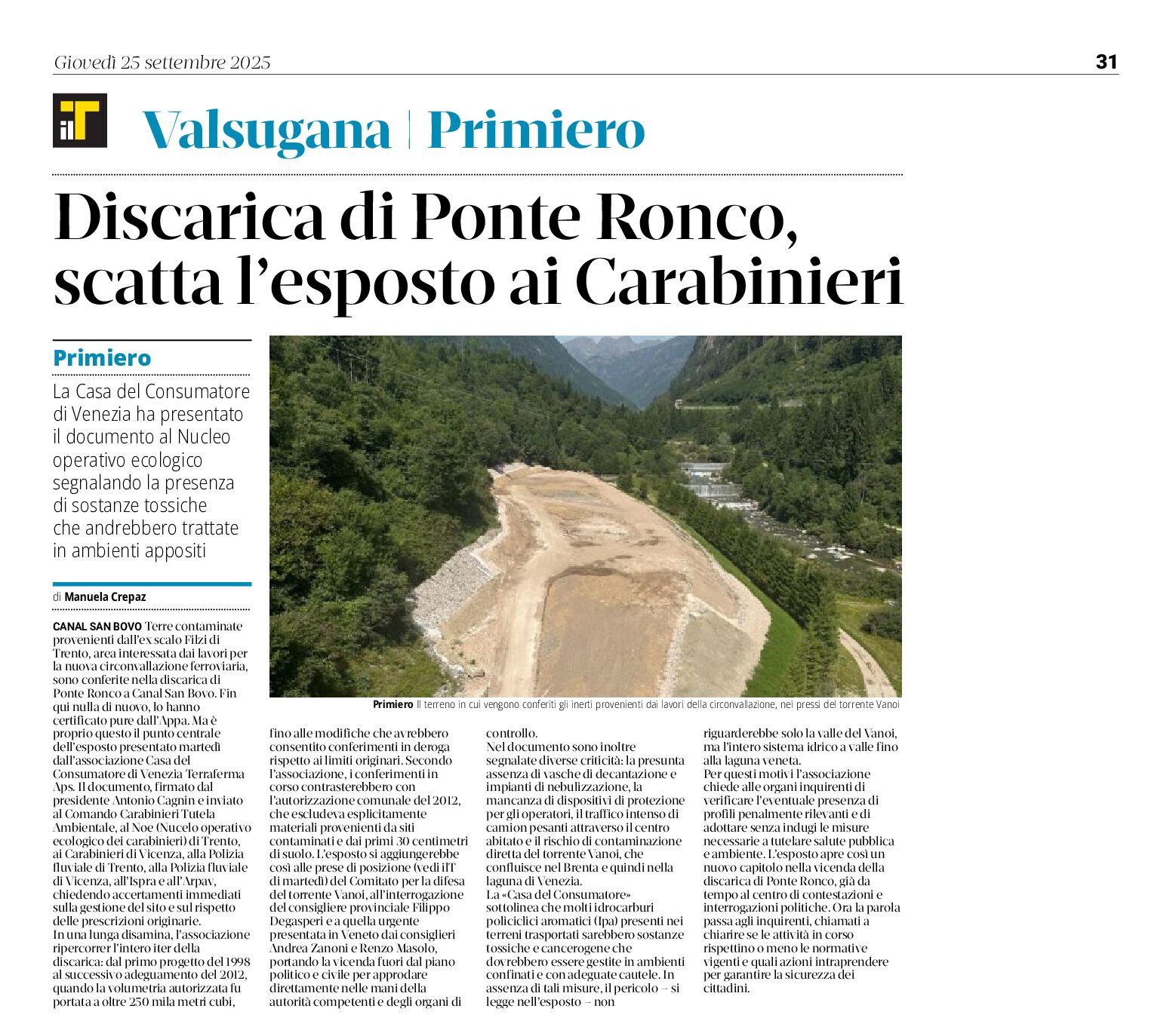 Discarica di Ponte Ronco: scatta l’esposto ai Carabinieri