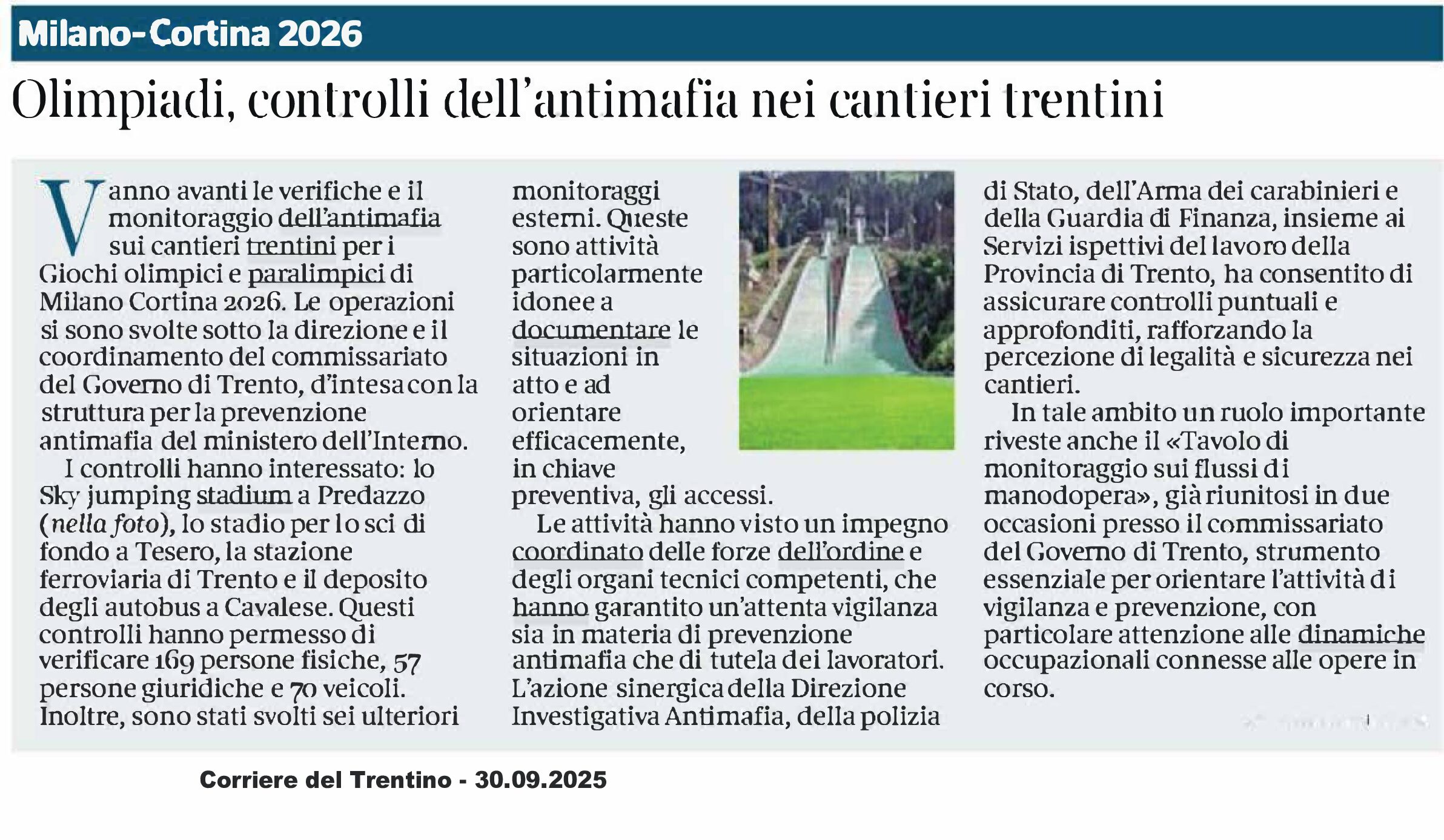 Olimpiadi invernali: controlli antimafia nei cantieri