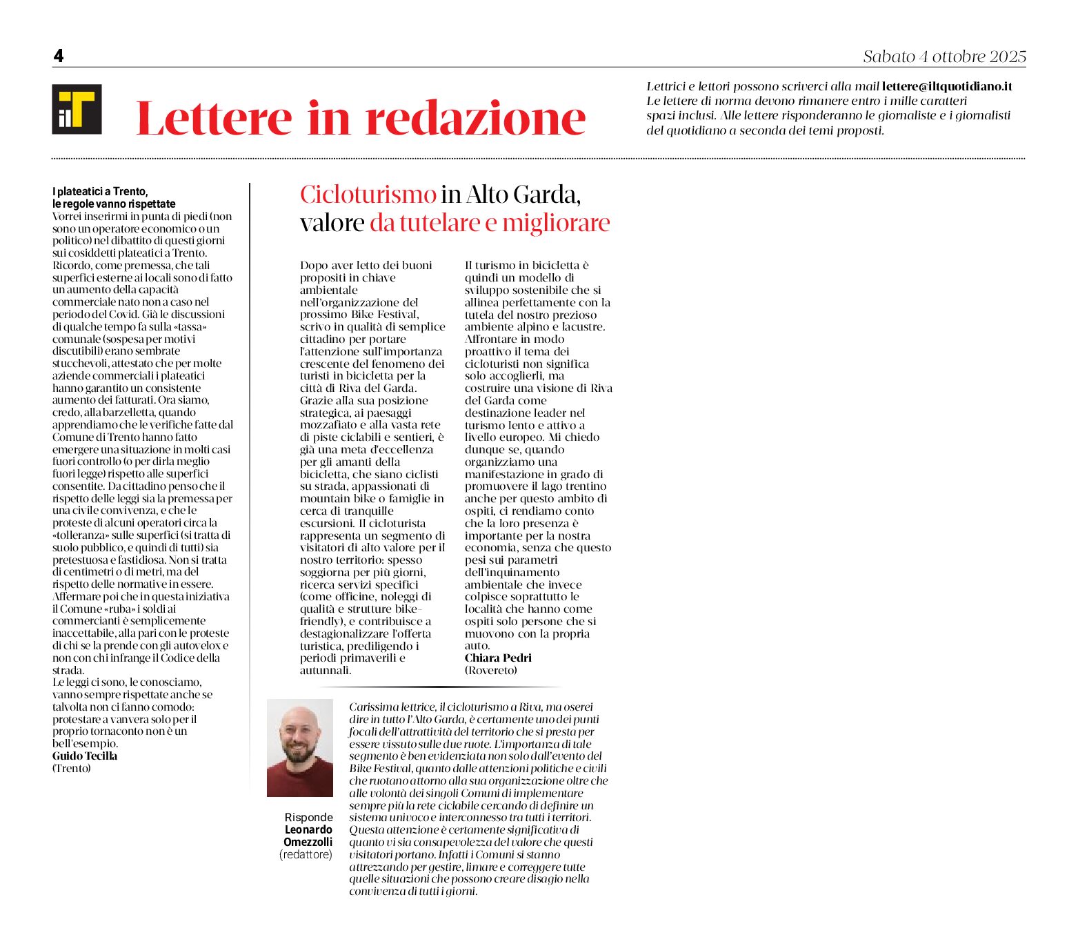 Lettere: Plateatici – Cicloturismo Alto Garda