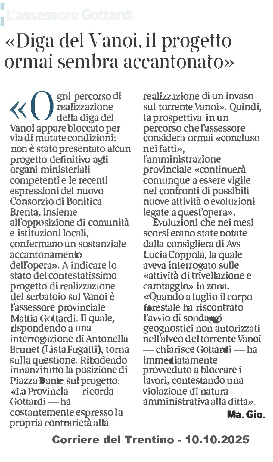 Diga del Vanoi: il progetto sembra accantonato