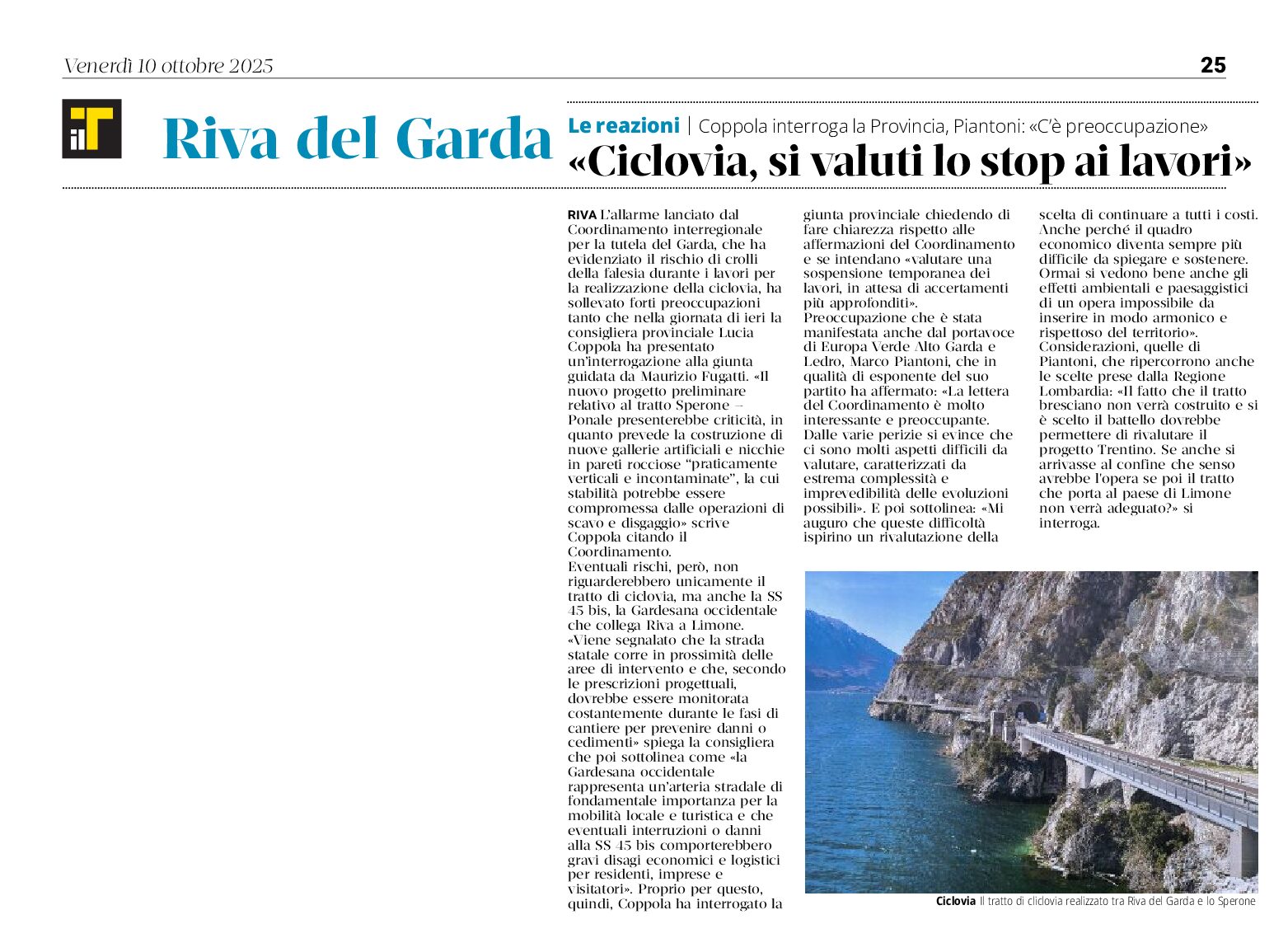 Ciclovia del Garda: si valuti lo stop ai lavori