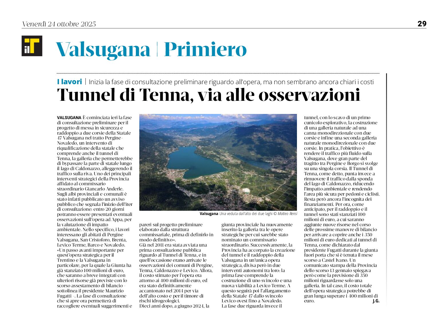 Tunnel di Tenna; 20 giorni per le osservazioni