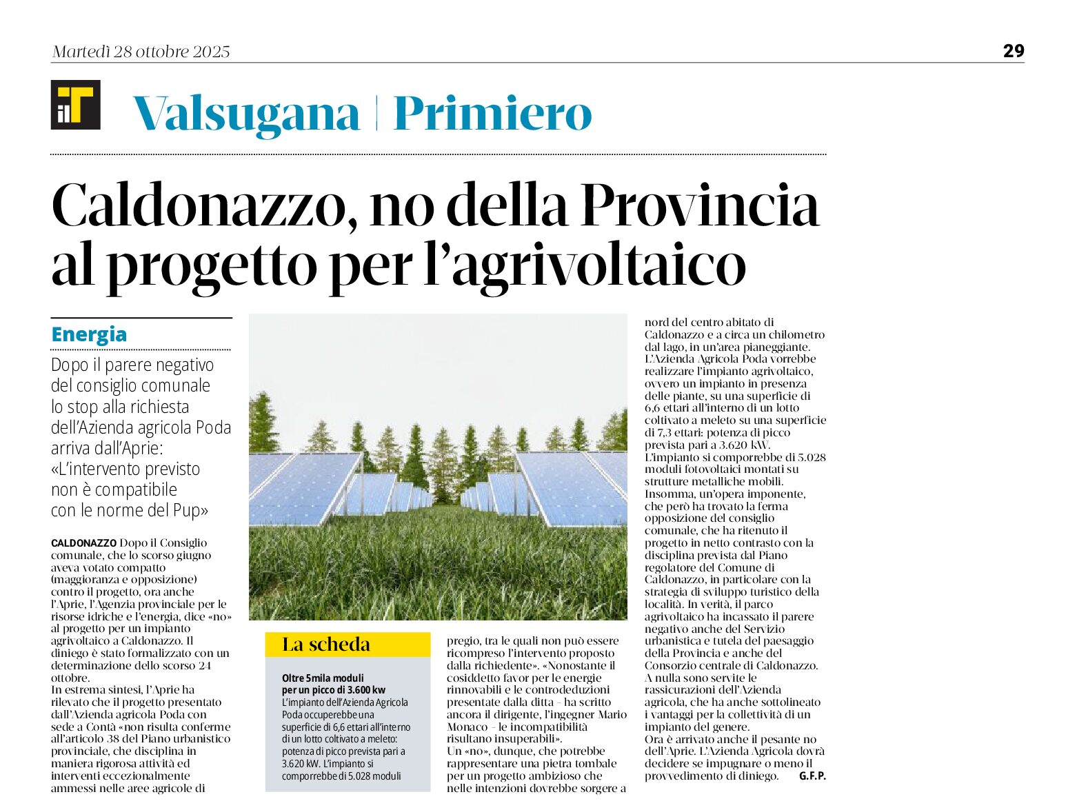 Caldonazzo: la Provincia dice no all’agrivoltaico