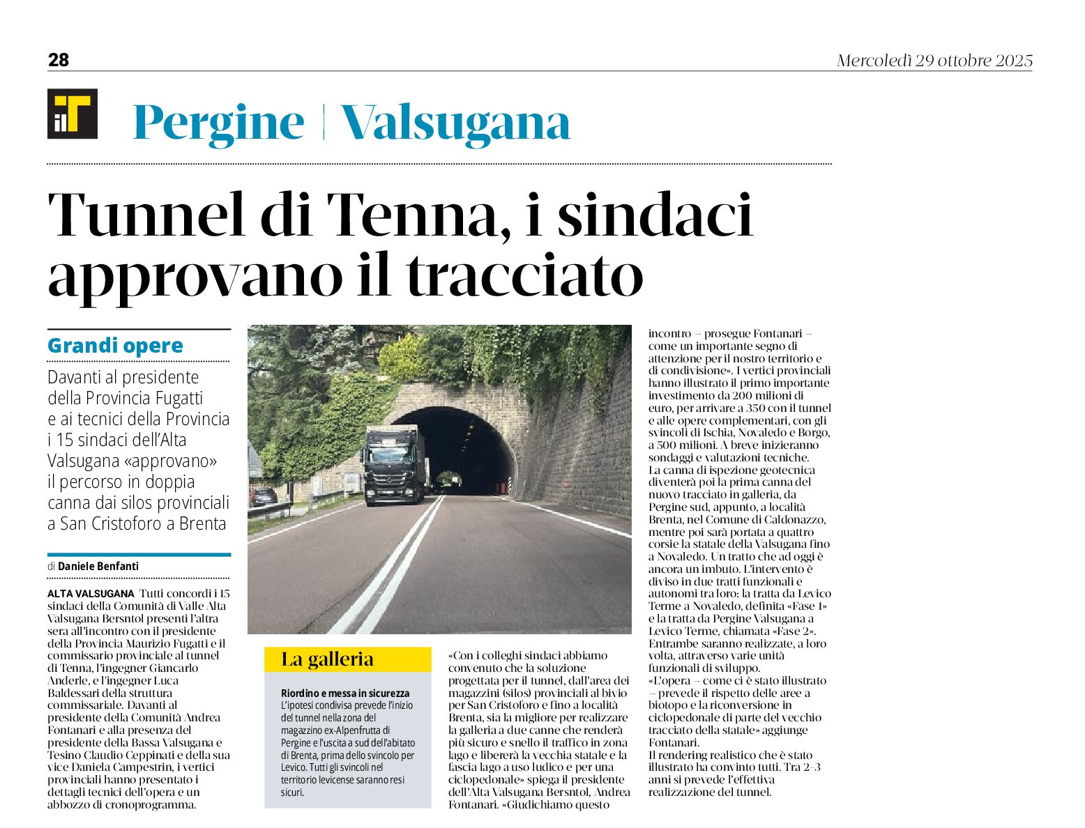 Tunnel di Tenna: i sindaci approvano il tracciato