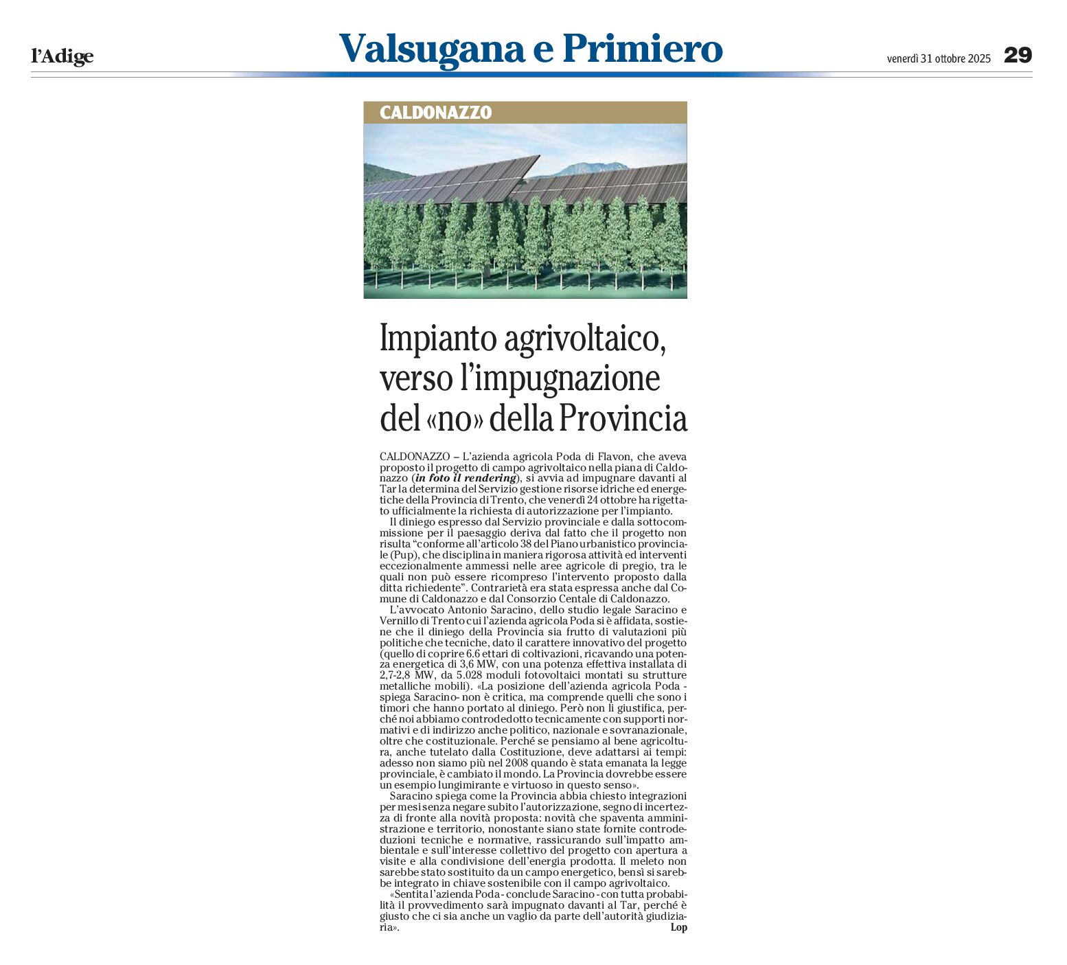 Agrivoltaico a Caldonazzo: verso l’impugnazione