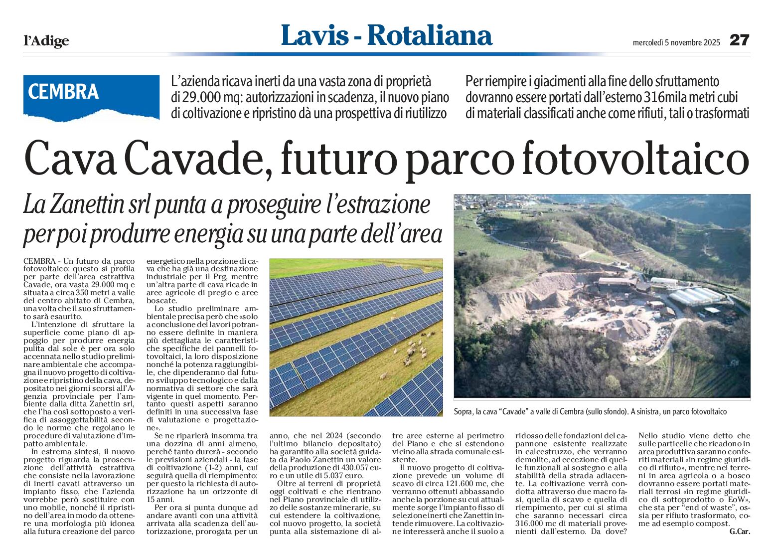 Cembra: fotovoltaico nell’ex cava Cavade