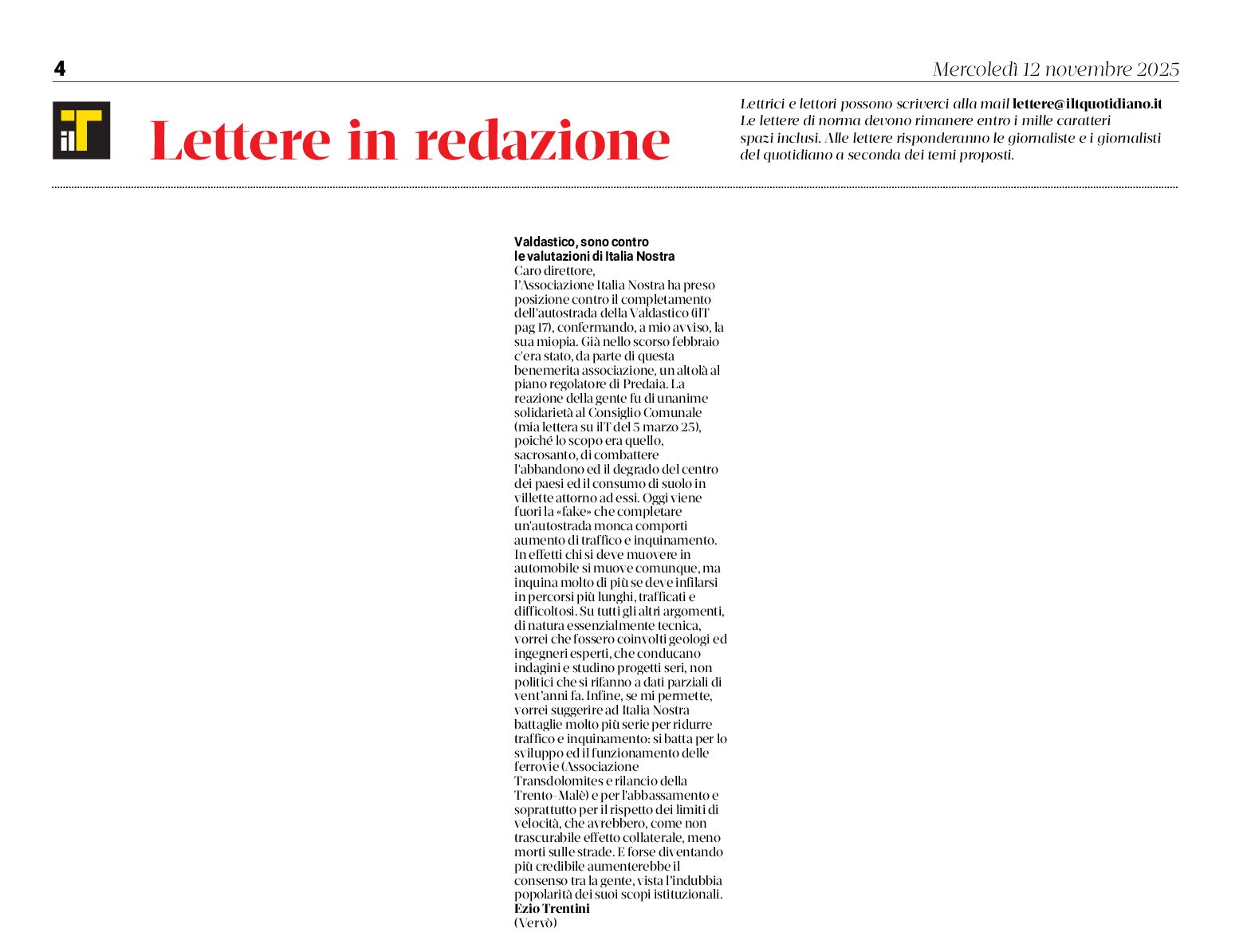 Lettera contro la valutazione di IN sulla Valdastico