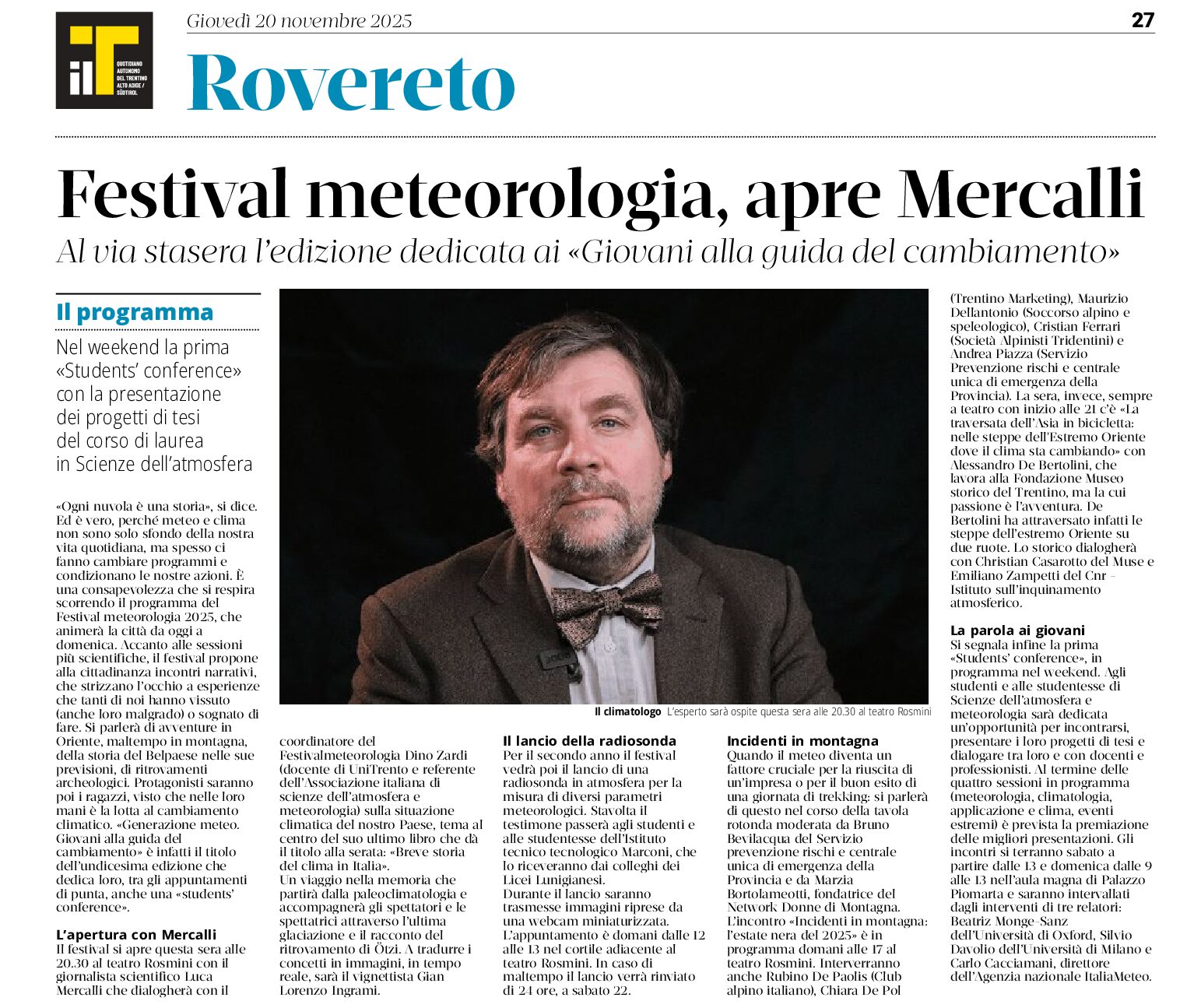 Festival della meteorologia a Rovereto: apre Mercalli