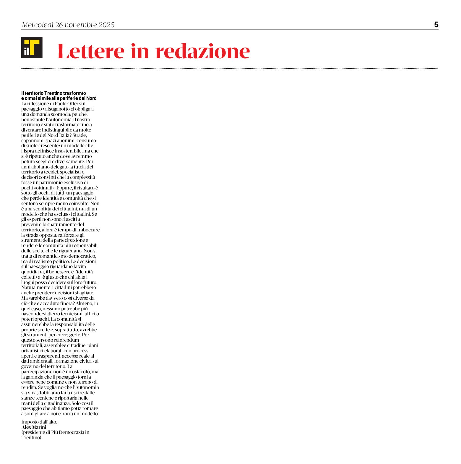 Lettera: territorio trentino trasformato