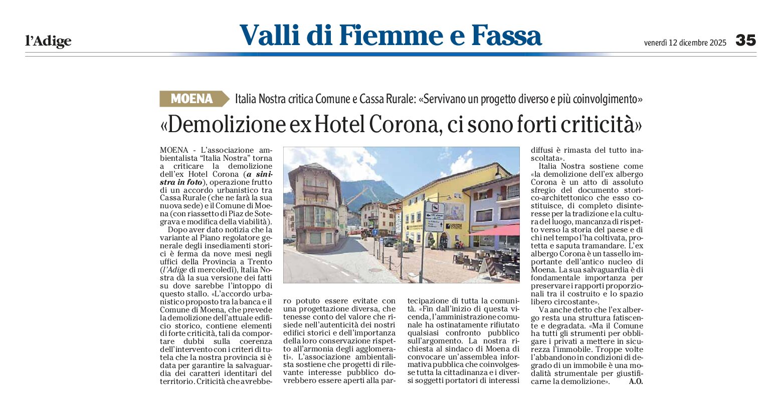 Moena – Demolizione ex hotel Corona