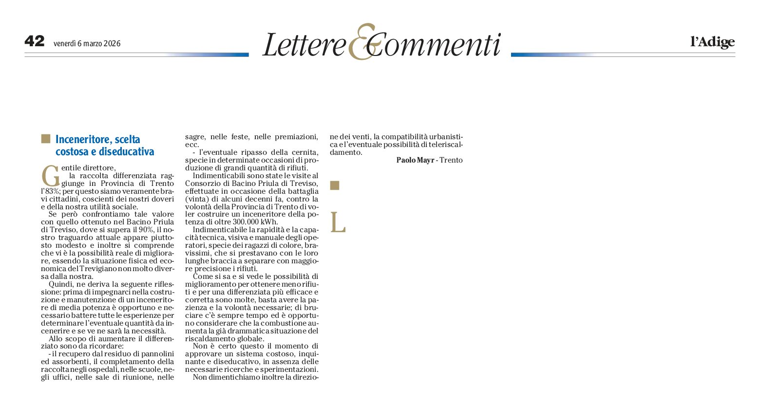 Inceneritore, lettera di Paolo Mayr
