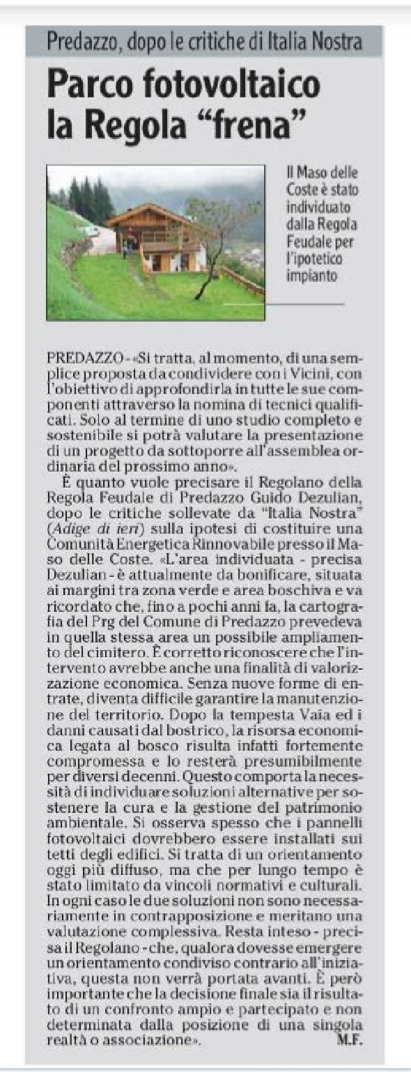 Predazzo: fotovoltaico, dopo le critiche di Italia Nostra