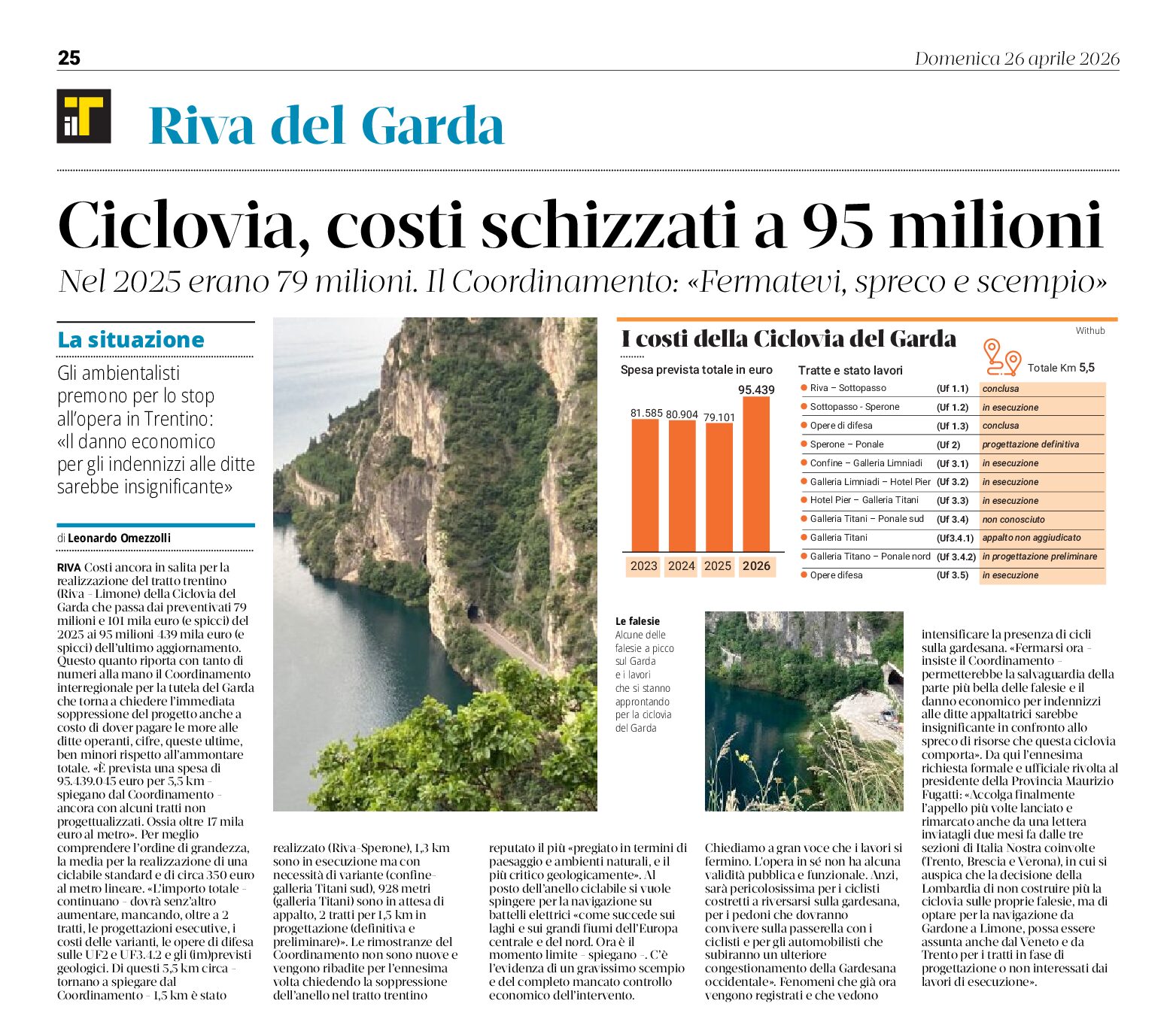 Ciclovia del Garda, costi alle stelle