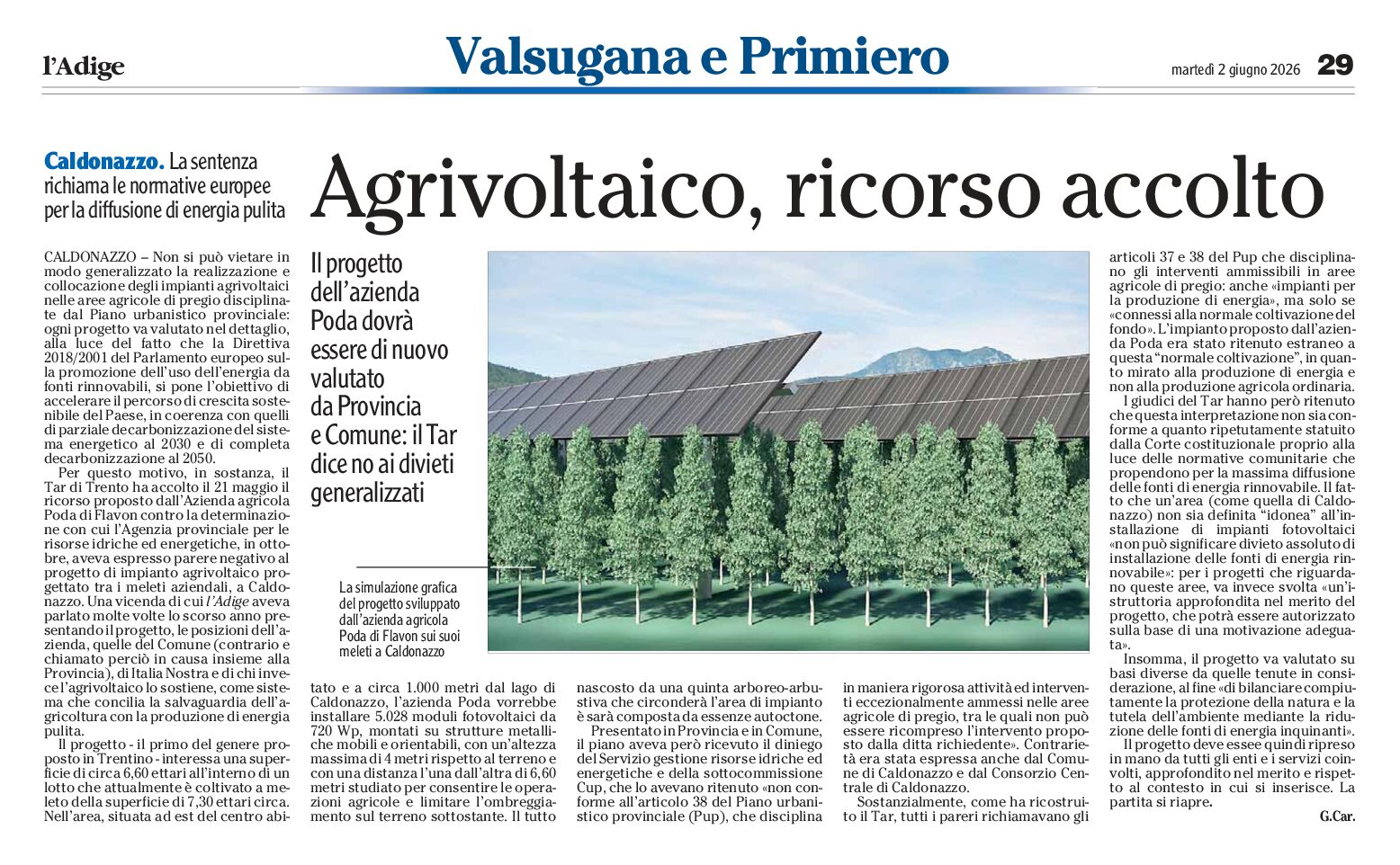 Caldonazzo. Agrivoltaico: ricorso accolto