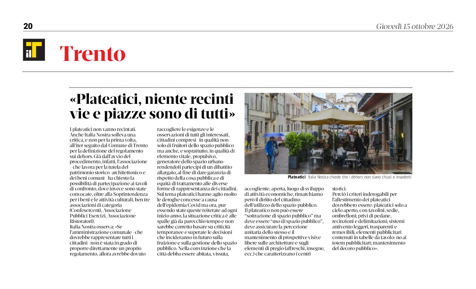 Plateatici: Italia Nostra contro la sottrazione di spazio pubblico