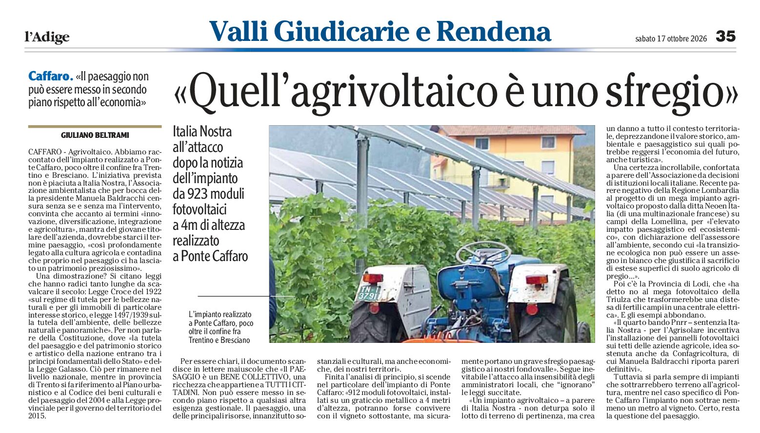Italia Nostra contro l’agrivoltaico di Ponte Caffaro