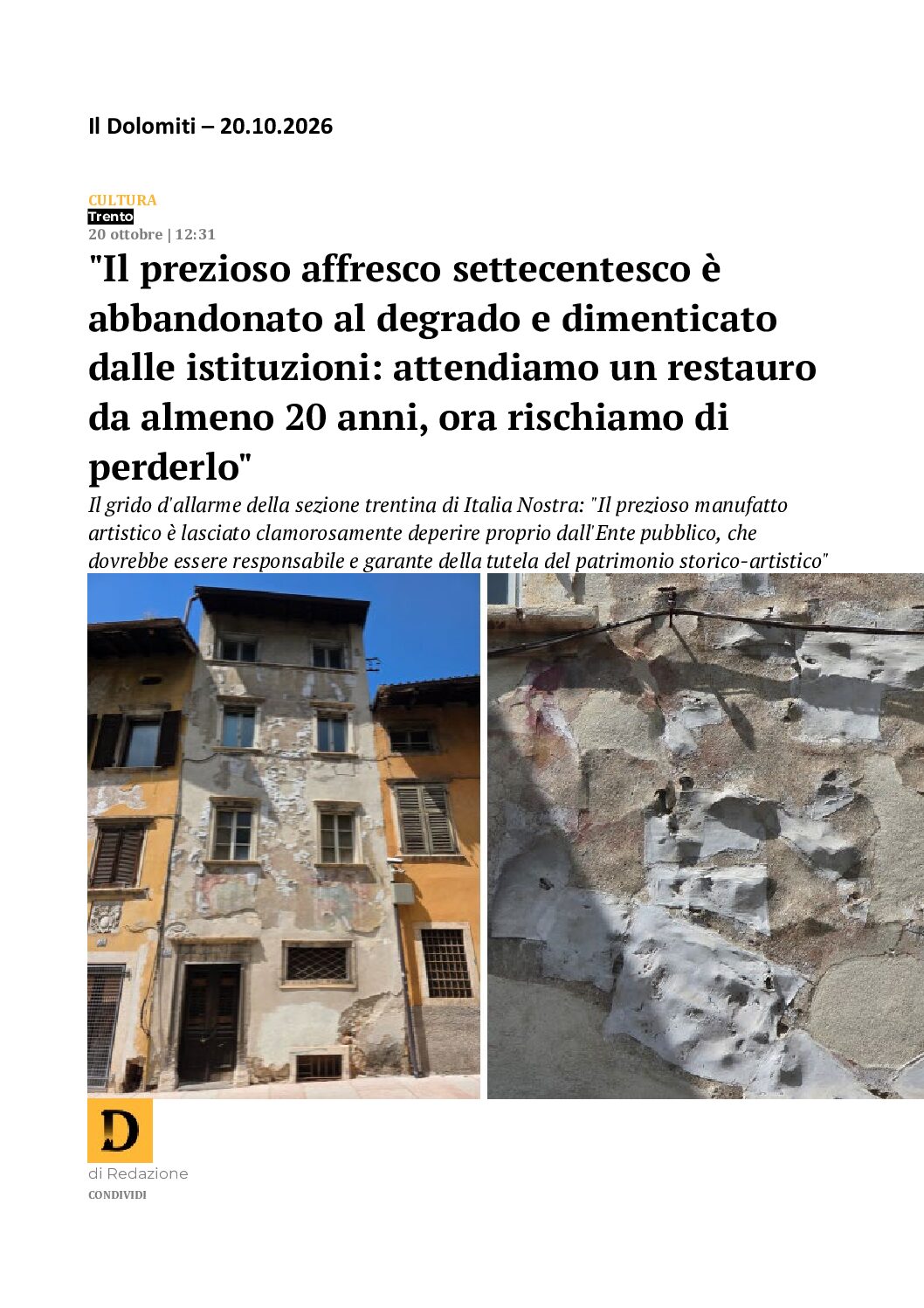 Italia Nostra: Trento, affreschi in via San Marco da salvare